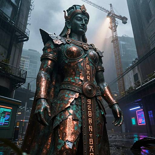 Ancient Guardian Deity Statue in Rainy Urban Setting