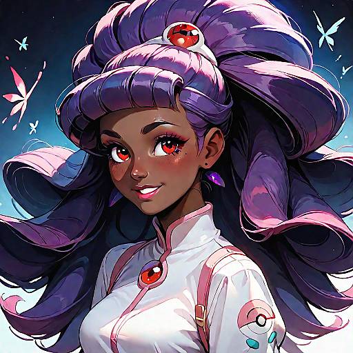 Digital anime-style portrait of a dark-skinned woman with large, voluminous purple hair, red eyes, white top, red gem, and butterflies.