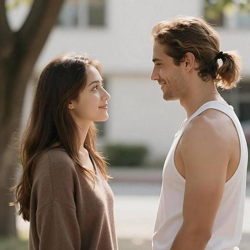 Photograph of a smiling couple facing each other outdoors, sunlight filtering through trees; woman with long brown hair in brown sweater, man with tied-back brown