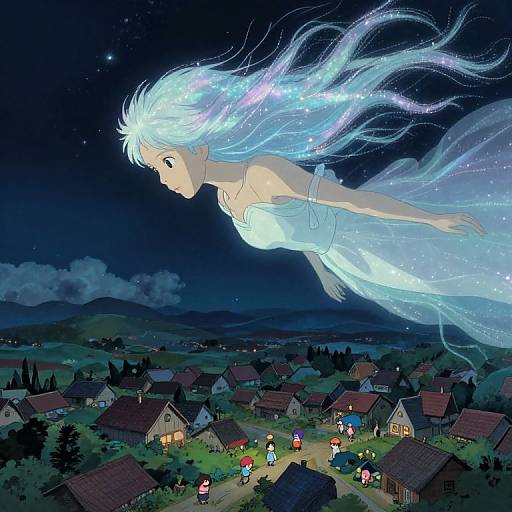 Digital anime artwork of a glowing, ethereal blue-haired girl floating above a nighttime village, surrounded by sparkling hair and starry sky.
