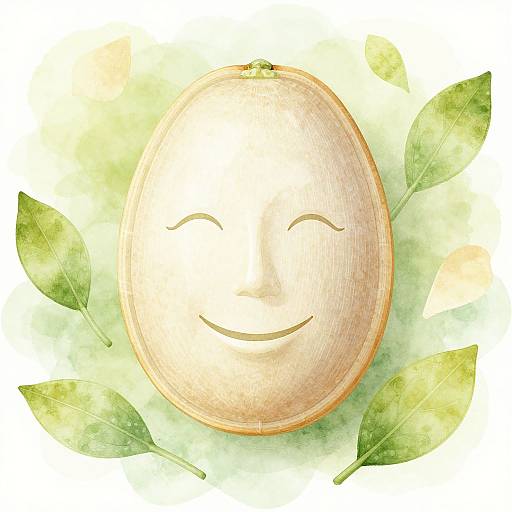 Watercolor illustration of a smiling, oval-shaped wooden face surrounded by green leaves on a light green and white watercolor background.