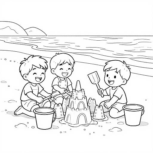 Black-and-white line drawing of three happy children building a sandcastle on a beach, each with buckets, shovels, and excited expressions.