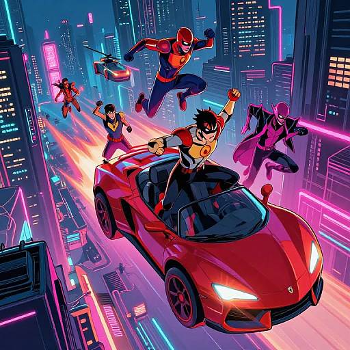 Dynamic comic-style digital artwork of Spider-Man and friends, including a masked driver in a red sports car, leaping through a neon-lit, futuristic