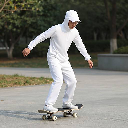 Photograph of a young man in a white hoodie and pants, wearing a white cap, skateboarding on a concrete path in a park with green trees