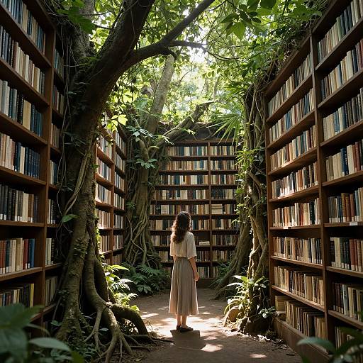 Photograph of a woman in a white dress, standing in a sunlit, tree-arched library aisle with tall bookshelves on both sides
