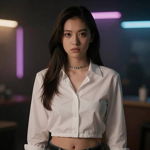 Serious Young Woman in Colorful Lights