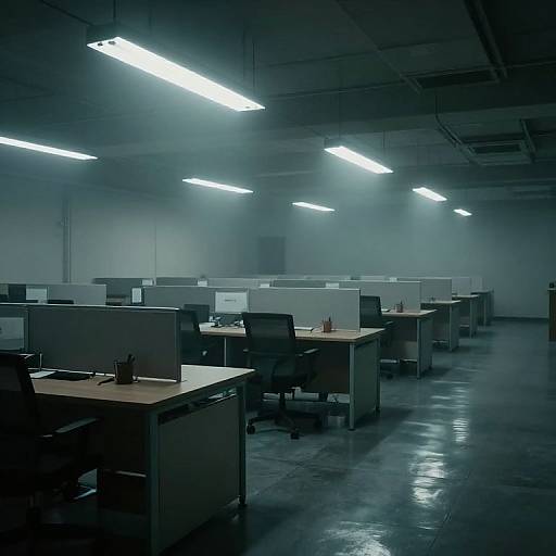 Photograph of a dimly lit, empty office cubicle room with fluorescent ceiling lights, gray walls, and polished concrete floor, featuring rows of gray