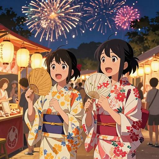 Anime-style illustration of two young women in colorful kimonos holding fans, celebrating at a nighttime festival with vibrant fireworks.