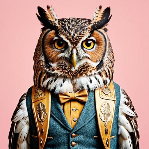 Portrait of Owl in Vintage Vest with Golden Harp