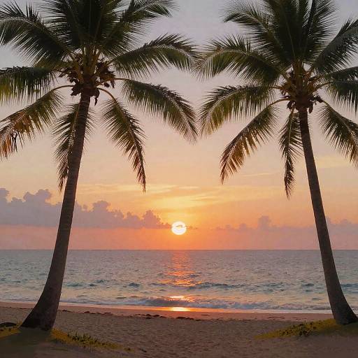 Photograph of a tropical sunset with two tall palm trees framing the orange sun over a calm ocean, reflecting on the sandy beach.