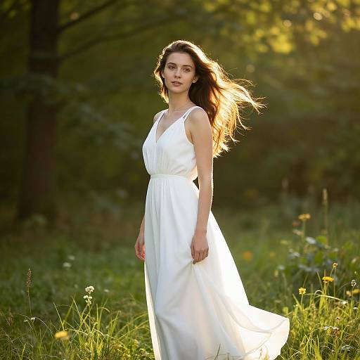 Photograph of a young woman with long brown hair wearing a flowing white dress, standing in a sunlit, green forest clearing.