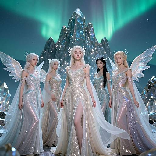 Photograph of five ethereal, white-winged women in shimmering, silver gowns with high slits, standing before a glowing, mountainous