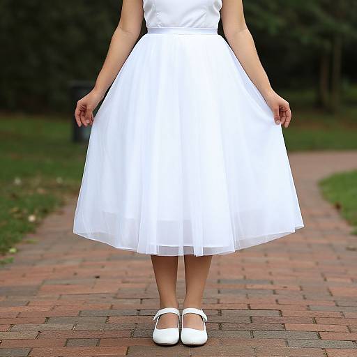 Photograph of a woman in a white, sleeveless, knee-length, flared dress with white Mary Jane shoes, standing on a brick path in
