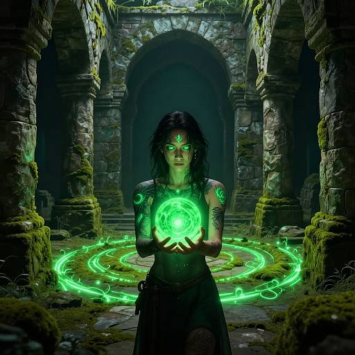 Mysterious woman with glowing green eyes and tattoos, holding a neon green orb, stands in a mossy, dark stone archway.