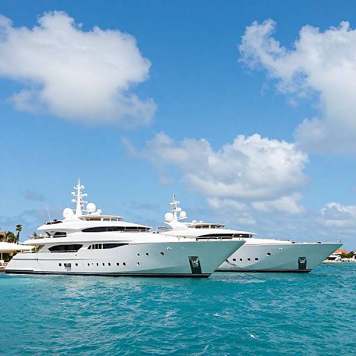 Photograph of two large white yachts docked side-by-side in clear blue water, with a bright blue sky and fluffy white clouds in the background