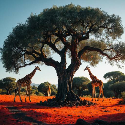 Giraffes Surrounding Glowing Ancient Olive Tree Giraffes Surrounding Glowing Ancient Olive Tree