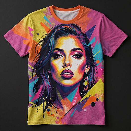 Vibrant pop art t-shirt featuring a colorful, abstract portrait of a woman with dark hair, bold makeup, and large hoop earrings.