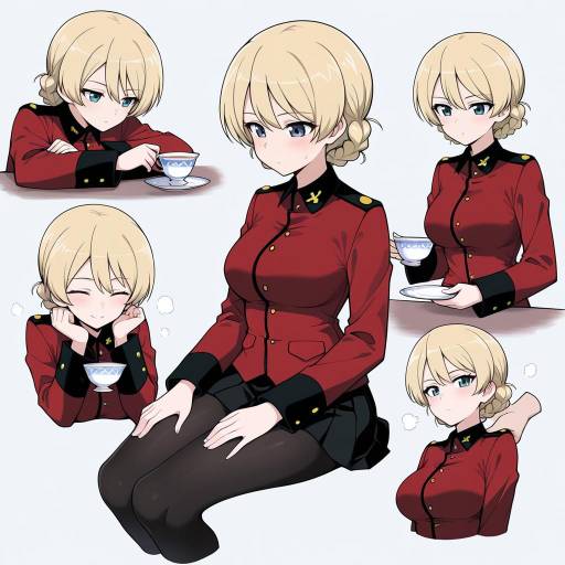 Blonde Girl in Military Uniform with Teacup