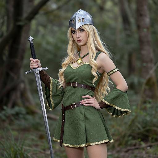 Photograph of a blonde woman in medieval armor, green dress, silver helmet, and belt, holding a sword in a forest.