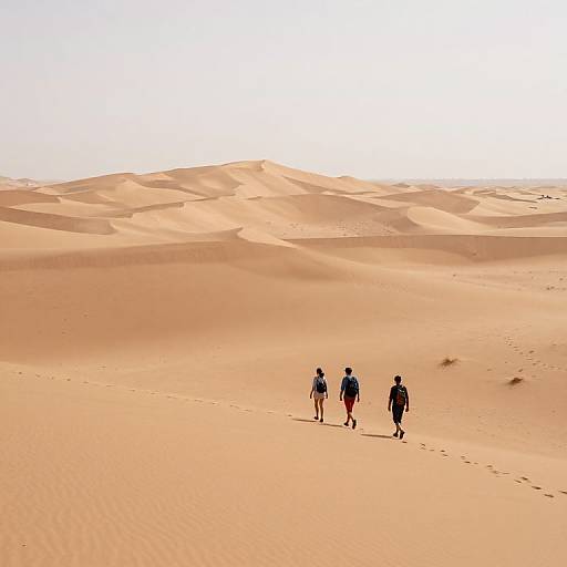 Three hikers walking on a sandy desert with footprints, under a bright white sky, with rolling dunes in the background.