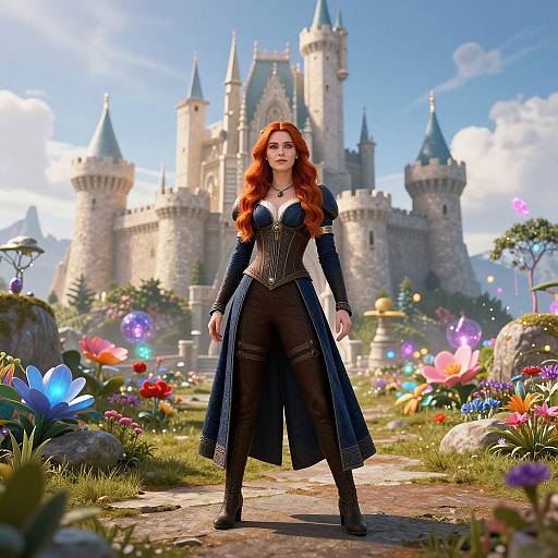 Digital art: Red-haired woman in dark corset and long coat stands confidently before a colorful, blooming garden leading to a grand medieval castle. Bright