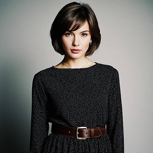 Elegant woman in black polka dot dress with brown belt