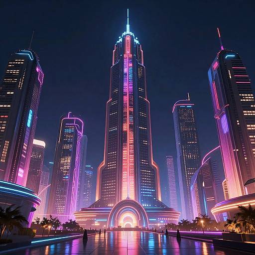 Neon-lit futuristic cityscape photograph of a towering skyscraper with vibrant pink, blue, and purple lights against a dark night sky.