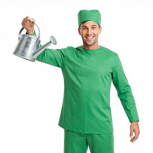 Photograph of a smiling male chef in green uniform and cap, holding a silver watering can in his right hand, against a white background.