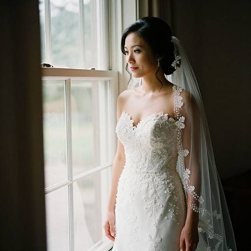 Photograph of an Asian bride with dark hair in an elegant white lace wedding dress and veil, standing by a sunlit window.
