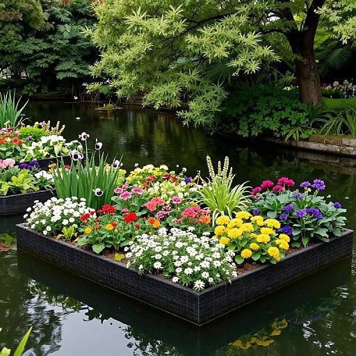 Photograph of vibrant flower-filled, black wicker planters floating in a serene, reflective pond surrounded by lush green trees.