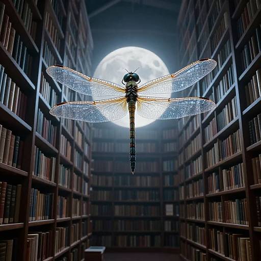 Surreal Dragonfly in Moonlit Library