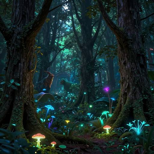Digital fantasy forest scene with glowing mushrooms, bioluminescent plants, and enchanted woods, illuminated by neon-like colors and mystical light.