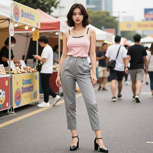 Chic Busty Woman at Street Festival