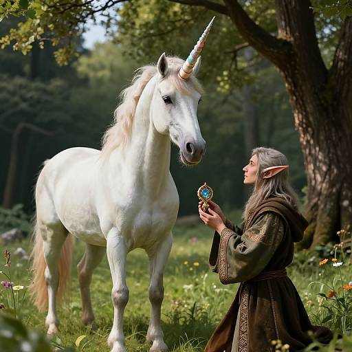 Digital illustration of an elven woman with gray hair and pointed ears, holding a blue flower, standing beside a white unicorn in a lush, sunlit