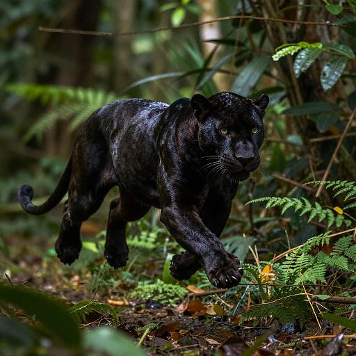 Photograph of a sleek, black panther walking through a dense, green forest with ferns and leaves, highlighting its glossy fur and intense gaze.