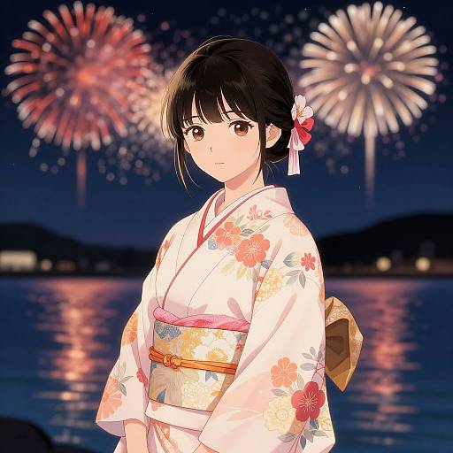 Anime-style illustration of a young woman in a floral kimono, black hair in a bun with red bow, standing by a glowing fireworks display over a
