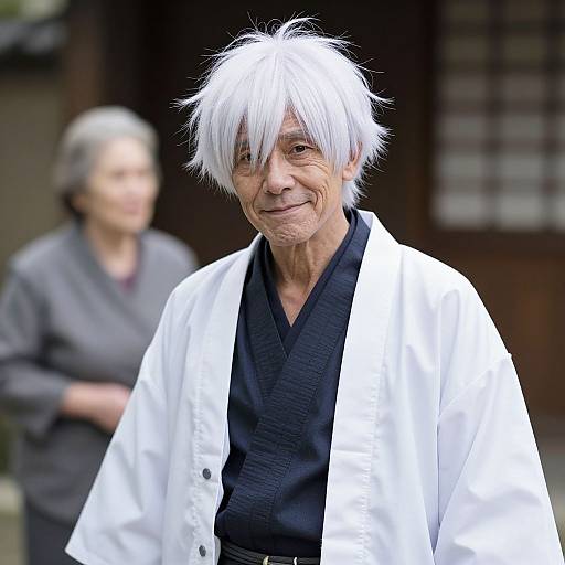 Photograph of an elderly Japanese man with white, spiky hair, wearing a black kimono and white haori, smiling gently, with a blurred