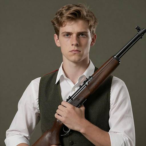 Serious Young Man with Rifle Portrait