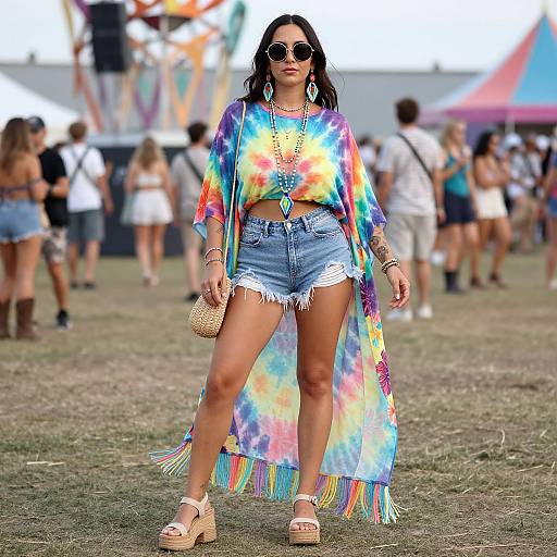 Photograph of a stylish woman in a colorful tie-dye kimono, denim shorts, platform sandals, and sunglasses, standing at a vibrant outdoor festival