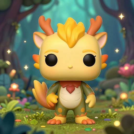 Cute, cartoonish, yellow creature with orange antlers, large black eyes, red neck ruff, and green spots standing in a magical,