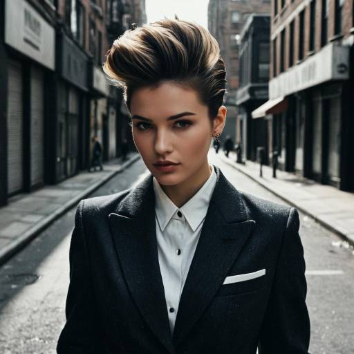 Woman with Pompadour Hairstyle in Tailored Suit