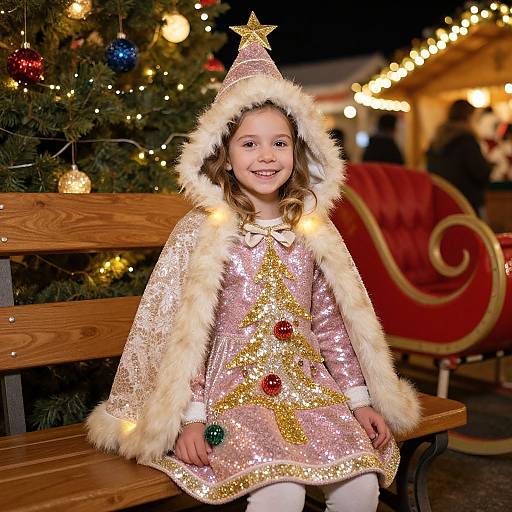 Photograph of a smiling young girl in a sparkly pink Christmas dress with a Christmas tree pattern, white fur hood, and hat, seated on a