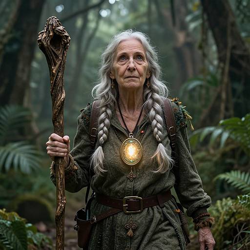 Photograph of an elderly woman with long white hair in braids, wearing a green medieval-style dress, holding a twisted wooden staff, and a glowing