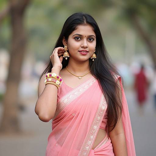 Photograph of a beautiful Indian woman with long black hair, wearing a pink saree with gold trim, gold jewelry, and red lipstick, standing outdoors
