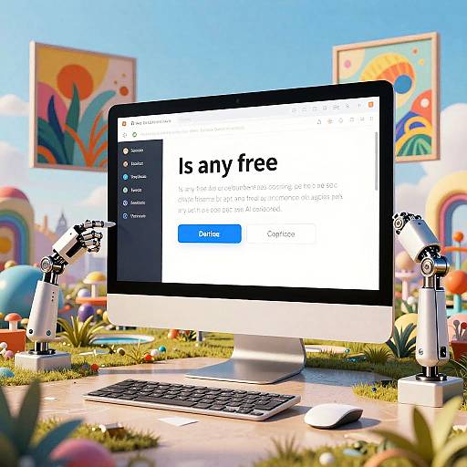 Photograph of a colorful, whimsical outdoor scene with a computer displaying 