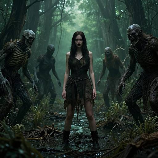 CGI fantasy image: Dark-haired woman in tattered dress stands in forest stream, surrounded by skeletal, zombie-like creatures with decayed skin. Moody
