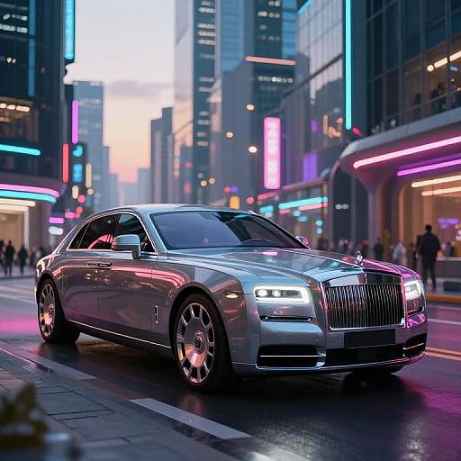 Photograph of a sleek, silver Rolls-Royce driving through a neon-lit, bustling city street at dusk, with colorful lights reflecting off the