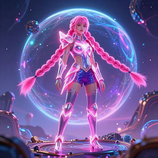 Digital CGI of a glowing pink-haired warrior girl with braided pigtails, neon armor, and shorts, standing on a circular platform with a vibrant