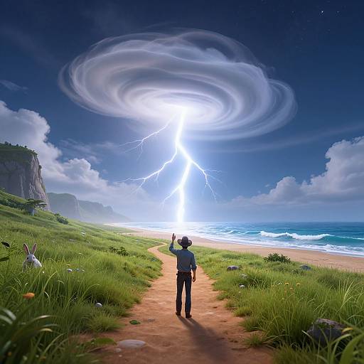 Photorealistic digital art: Man in blue shirt and black pants stands on sandy path, shielding eyes from bright, swirling lightning storm above coastal landscape with