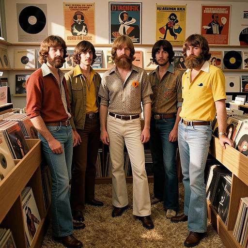 Photograph of five bearded men in 1970s-style clothing, standing in a record store with retro posters and vinyl records.